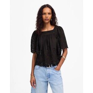 MADEWELL Flutter-Sleeve Top S Jet Black Embroidered Square Neck NWT B51